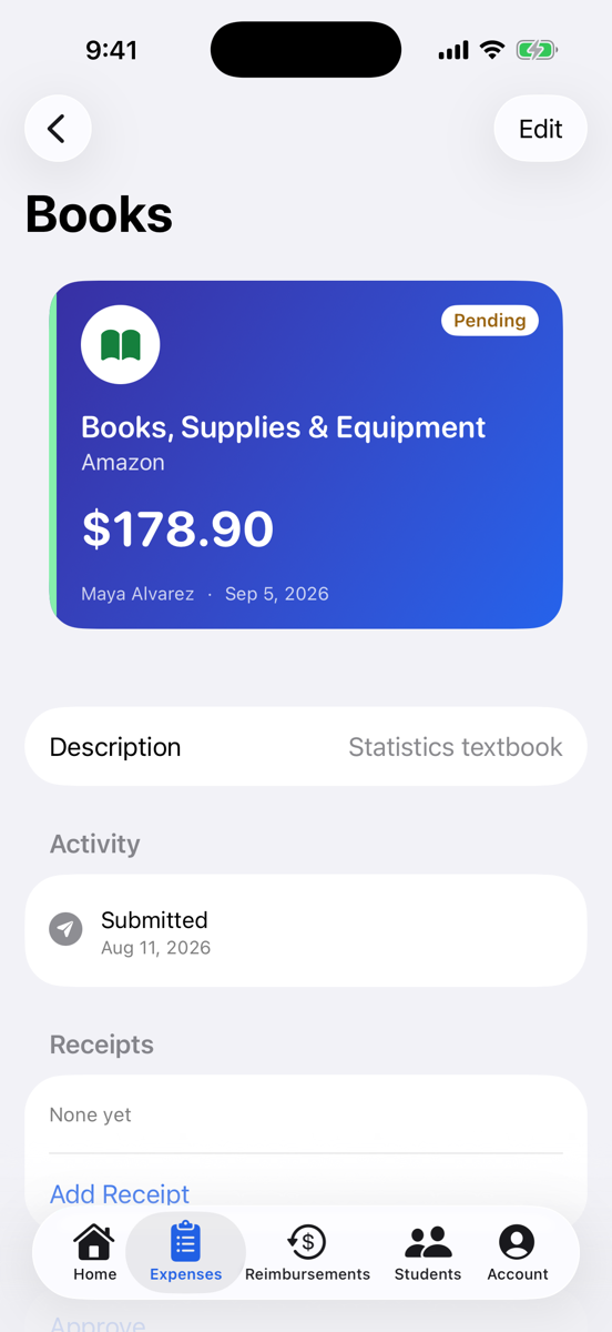 An expense in Uniguap: Books, Supplies & Equipment from Amazon for $178.90, marked pending, with its receipt and activity history.