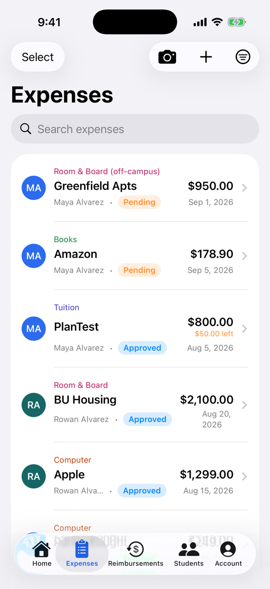 The Uniguap expenses list, showing pending and approved expenses for two students with amounts and dates.